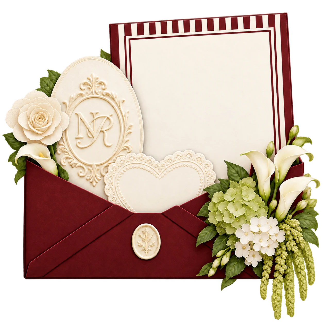 Ivory paper rose, embossed N and R crest, and burgundy invitation envelope